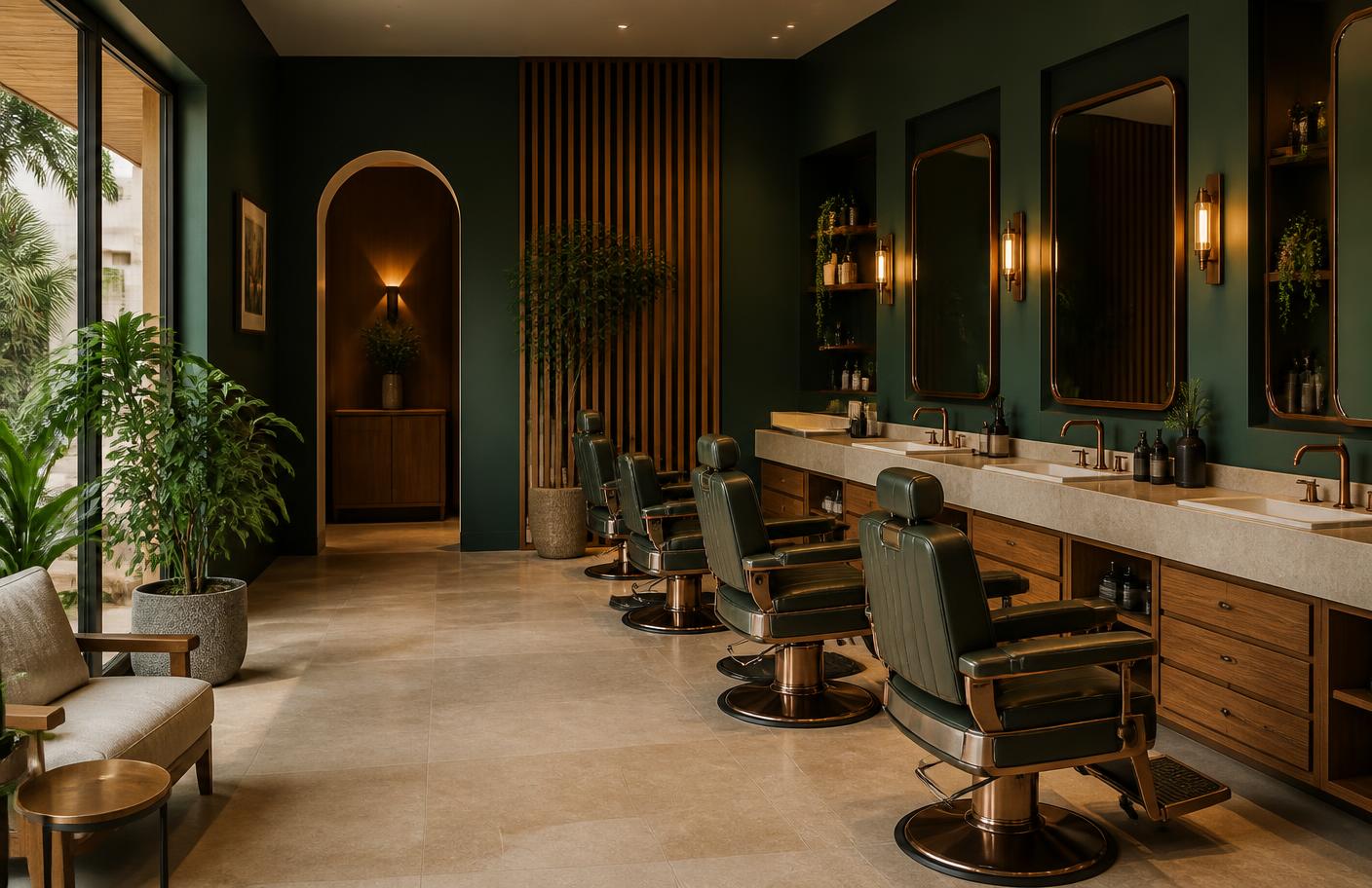 Interior contemporâneo da Oficial Barbearia